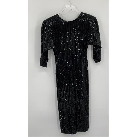 Oleg Cassini vintage 80s black sequin cocktail dress midi sheath back scoop 4 - Picture 1 of 5